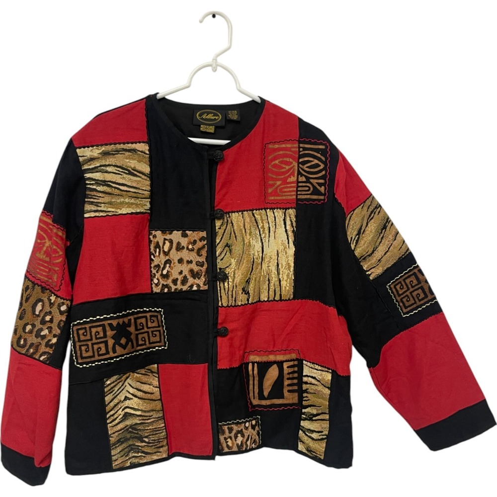 Allure Abstract Cheetah Boxy Jungle Blazer Womens Size XL Patchwork Embroidered
